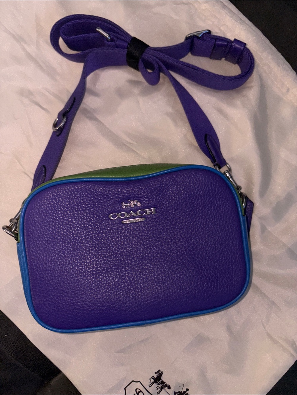 Coach Purple Leather Crossbody with Blue Trim and Green Accent